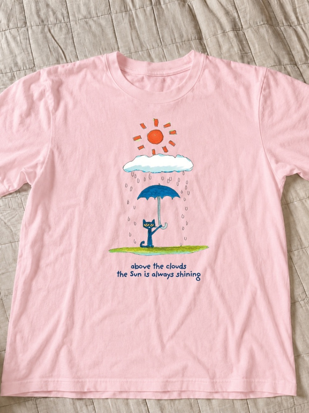 Light Pink Graphic Tee with Cat and Umbrella